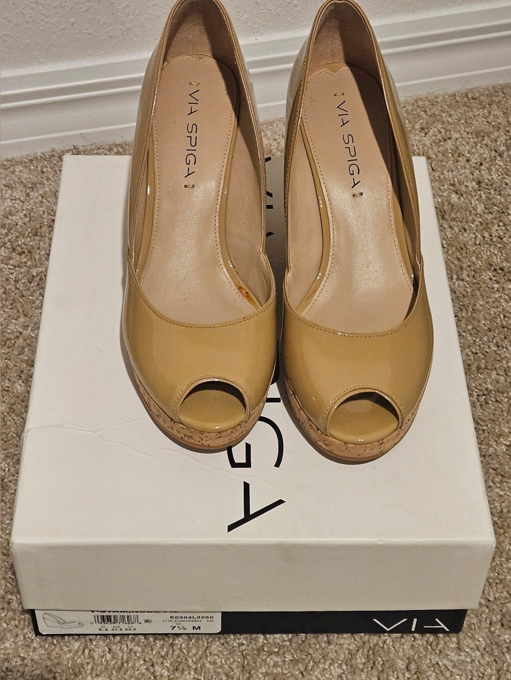 Via Spiga Beige Patent Peep-Toe Wedge Pumps